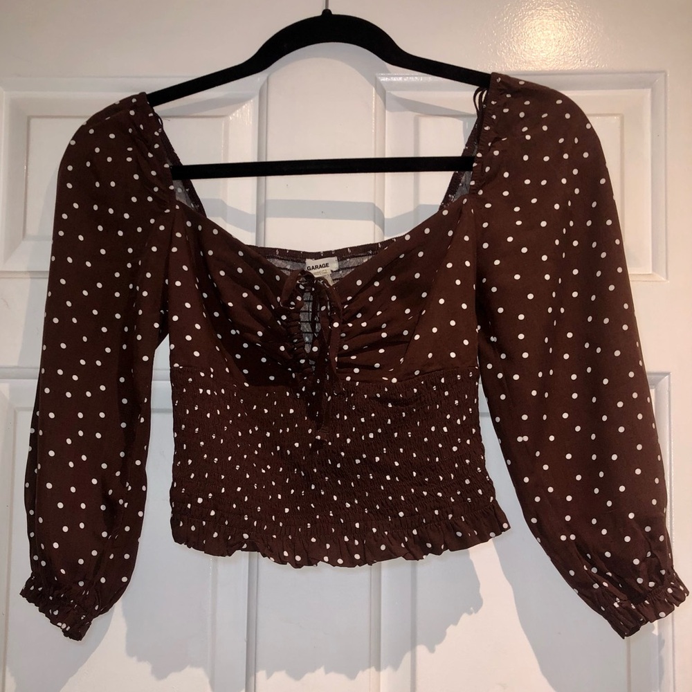 BNWT Garage Brown Polka Dot Women's Bubble Sleeve Blouse Top - XS - Picture 11 of 12